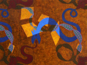 Ribbon Dragons (2012) Collage, acrylic & oil on mdf. 45 x 60 cm (17¾ x 23½ in)